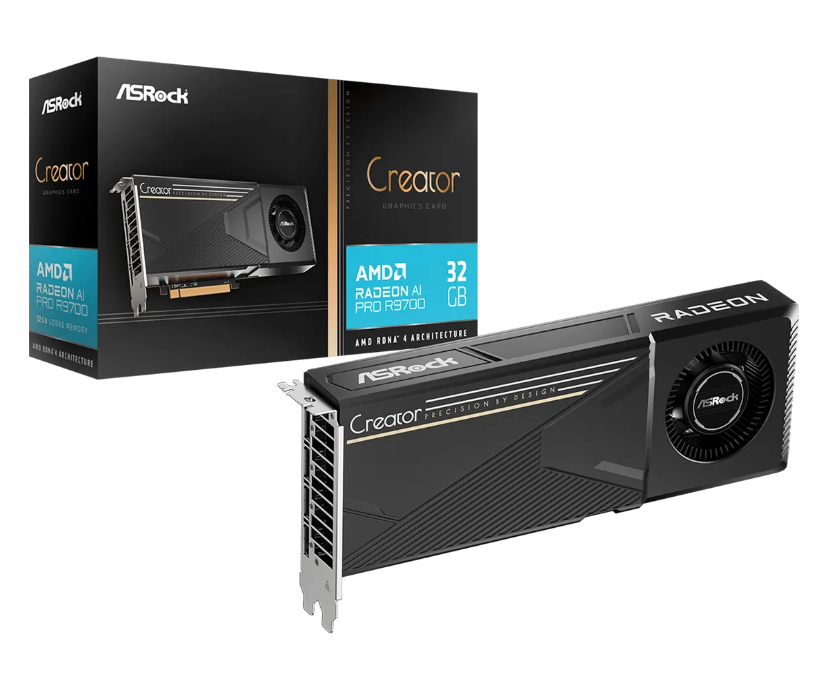 ASRock Creator Radeon AI Pro R9700 với thiết kế dual-slot blower chuẩn workstation