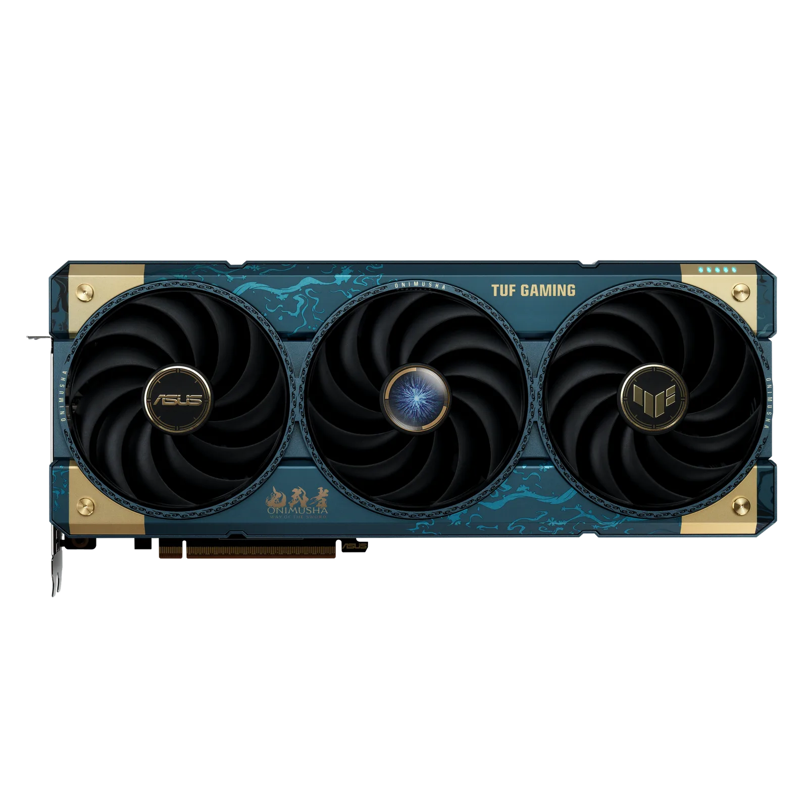 Thiết kế shroud và backplate đặc biệt của ASUS TUF Gaming Radeon RX 9070 XT Onimusha Special Edition với tông màu xanh vàng