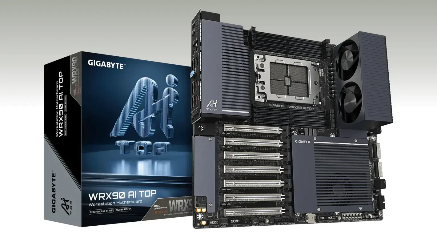 Bo mạch chủ Gigabyte WRX90 AI TOP với thiết kế E-ATX hỗ trợ 8 khe RAM và nhiều khe PCIe