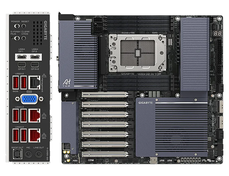 7 khe cắm PCIe 5.0 full-length và các cổng kết nối MCIO 8i trên bo mạch chủ