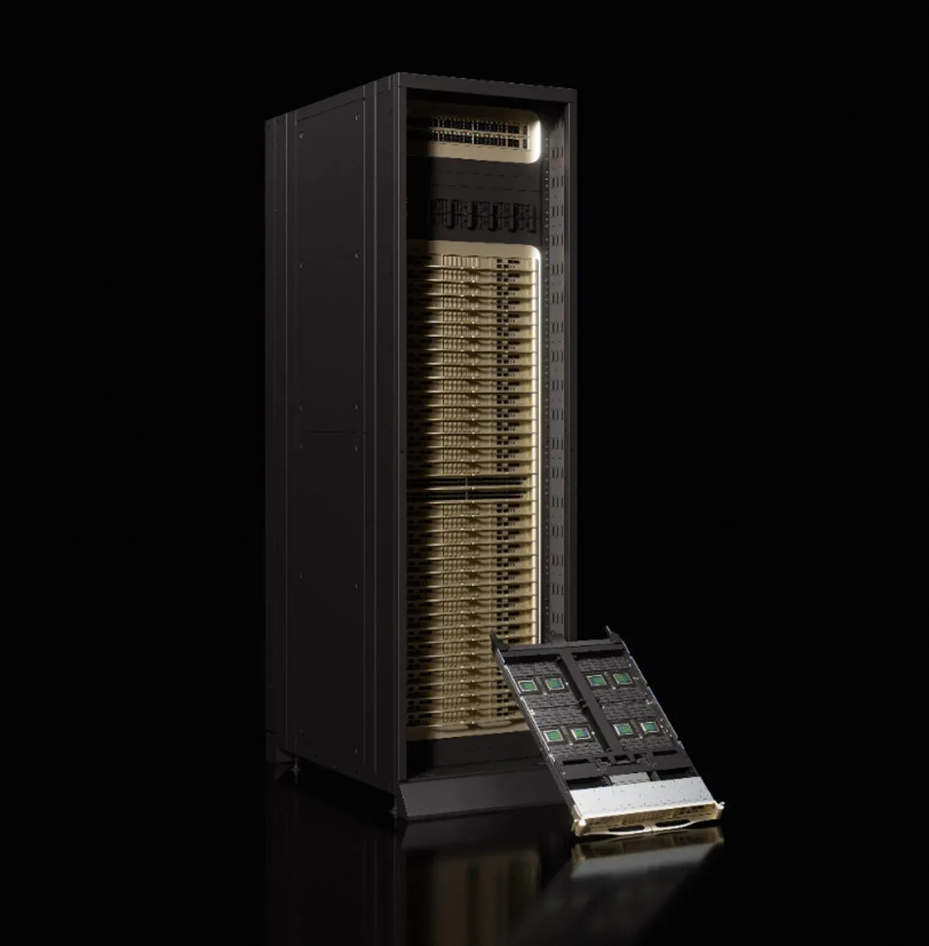 Ảnh render NVIDIA Vera CPU Rack với khay tính toán được rút ra, hiển thị các ổ cắm bộ xử lý
